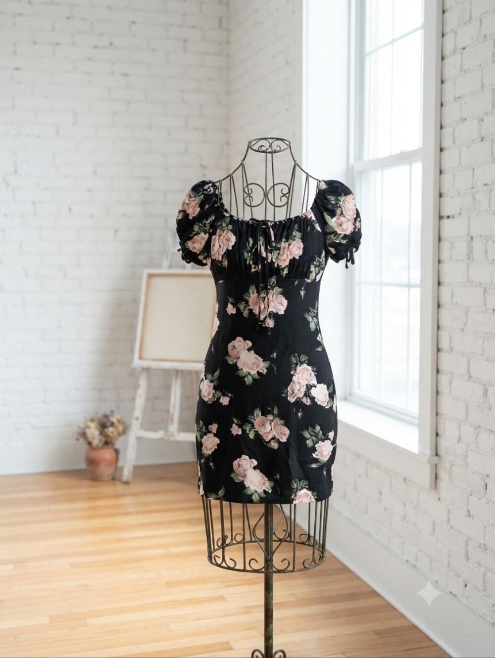 Streetwear Society Black Mini Dress with Pink Rose Print